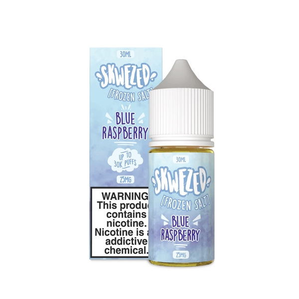 Skwezed Blue Raspberry Salt Nicotine e-liquid in 30ml bottle, featuring vibrant blue raspberry flavor with icy menthol finish.