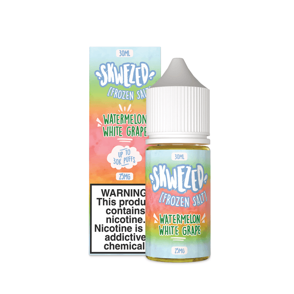 Skwezed Frozen Watermelon White Grape nicotine salt e-liquid in a 30ml bottle with icy watermelon and white grape flavor.