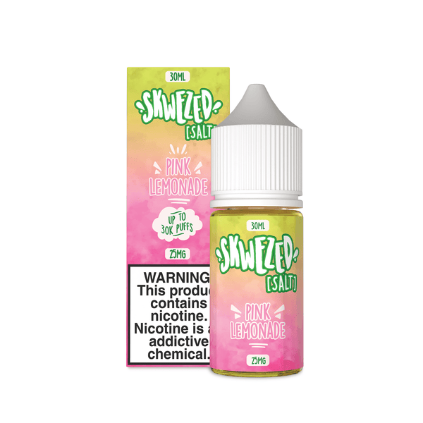 30ml Skwezed Pink Lemonade Nicotine Salt e-liquid bottle with pink and yellow label, featuring fresh lemon slices and pink accents.