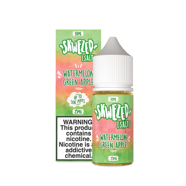 Skwezed Watermelon Green Apple Salt Nicotine e-liquid 30ml bottle with green and red watermelon and apple flavor branding.