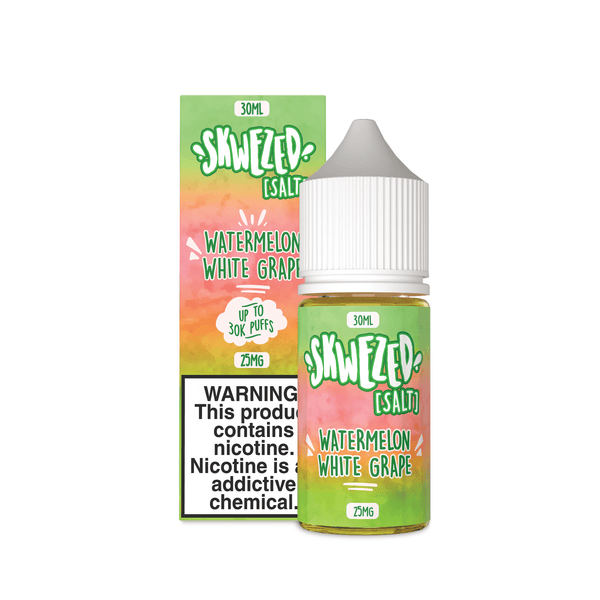 Skwezed Watermelon White Grape Nicotine Salt e-liquid 30ml bottle for vaping, with vibrant fruit flavor and clear label.