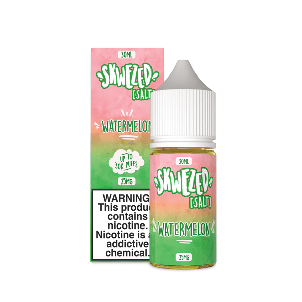 Bottle of Skwezed Watermelon Nicotine Salt e-liquid in a 30mL bottle with a label featuring a watermelon image.