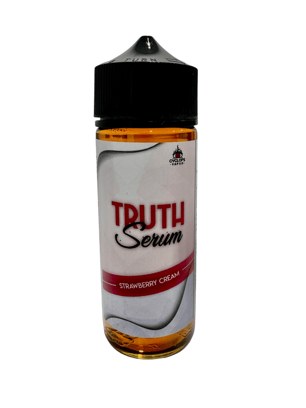 Bottle of Cyclops Vapor Strawberries & Cream vape juice 120mL with colorful label featuring strawberries and cream imagery.