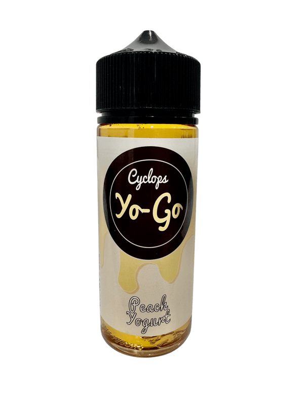 Peach flavored vape juice by Cyclops Vapor in a 120mL bottle, featuring vibrant peach and creamy yogurt imagery.