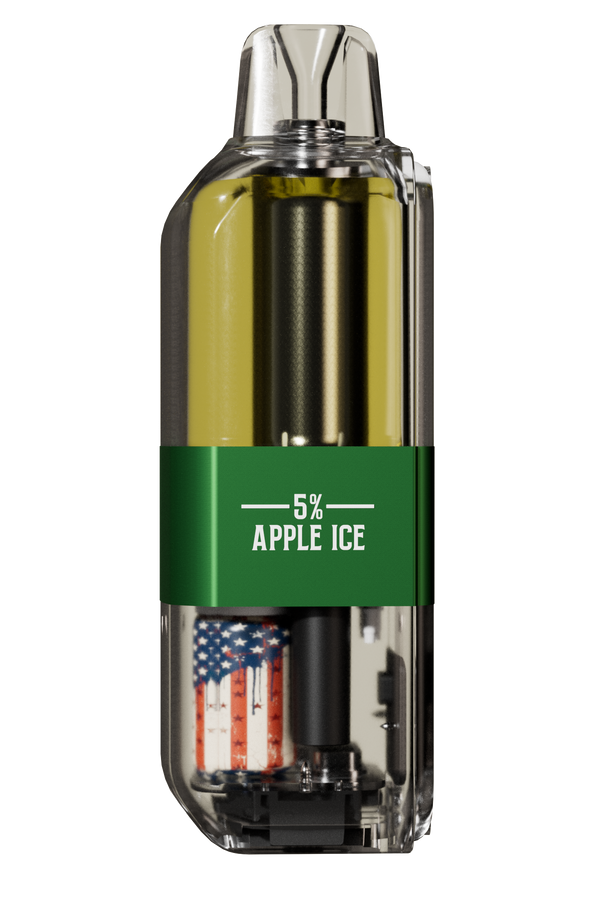 Vape device with '5% Apple Ice' label and American flag design on a white background