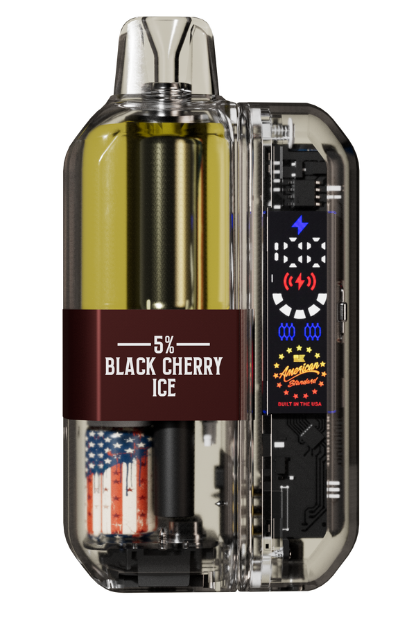 Vape device with '5% Black Cherry Ice' label and American flag made in the USA