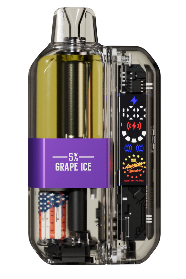 Vape device with '5% Grape Ice' label and American flag on a white background