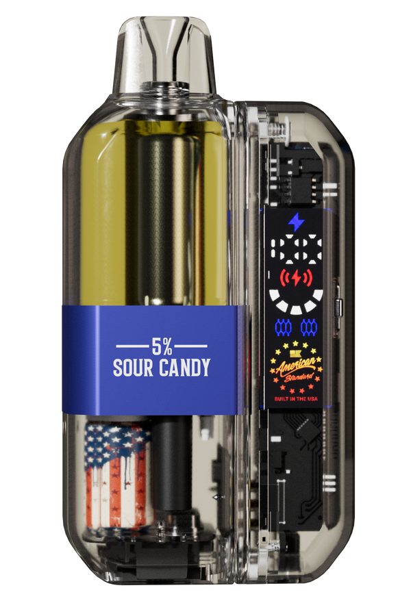 Vape device with digital display and American flag design on a white background
