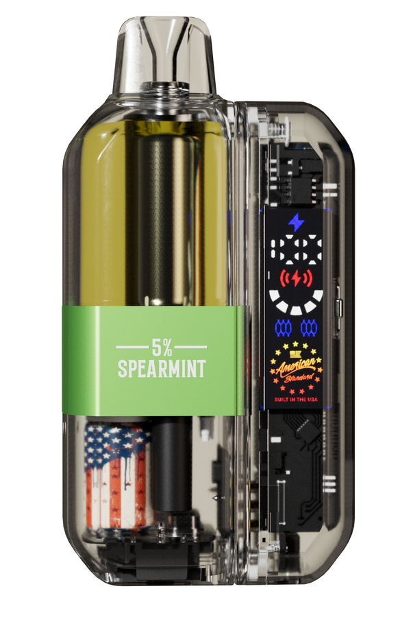 Vape device with a clear casing, displaying electronic components and branding on a white background - Big D Vapor
