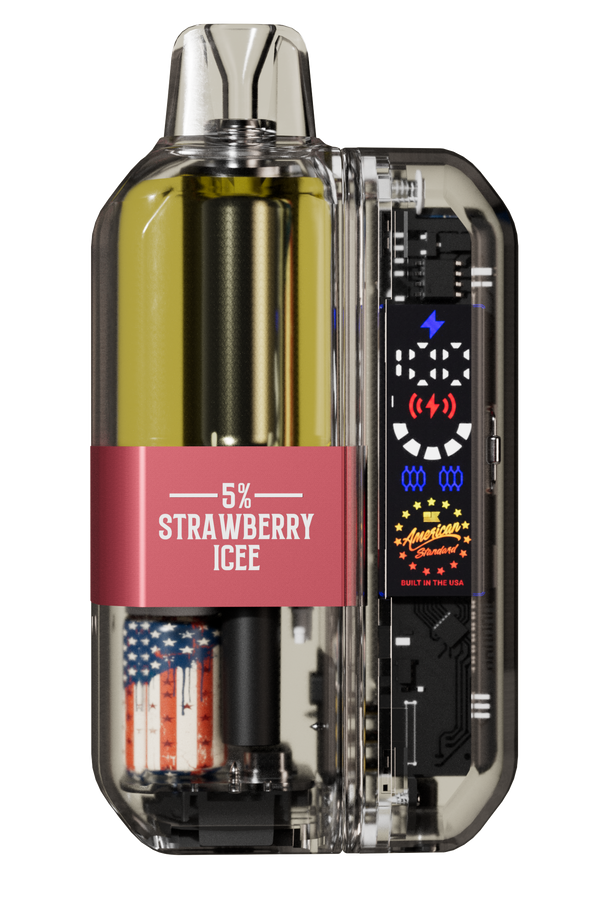 American Standard disposable '5% Strawberry Icee' label and Built in the USA