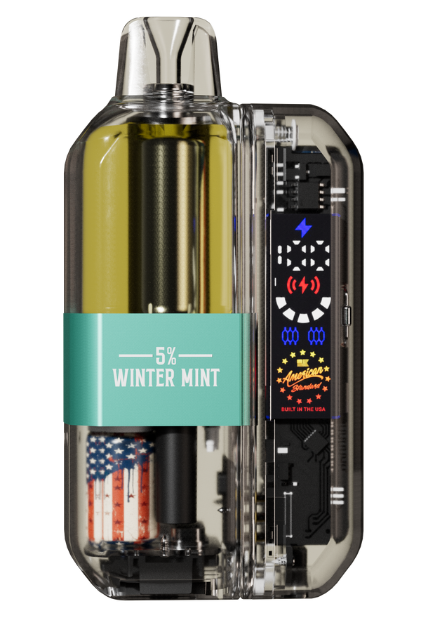 Vape device with digital display and '5% Winter Mint' label on a white background