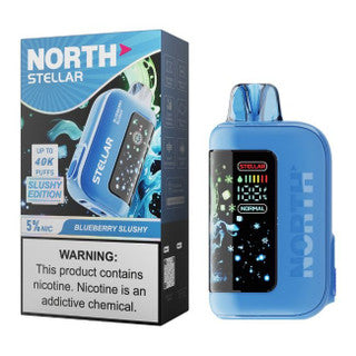 NORTH Stellar 40K disposable vape with blueberry slushy flavor, featuring a sleek design and vibrant blueberry flavor visual.