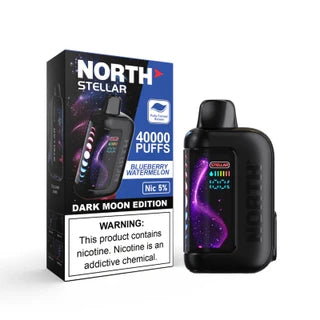 NORTH Stellar 40K disposable vape with blueberry watermelon flavor, featuring a sleek design and vibrant blue and green colors.