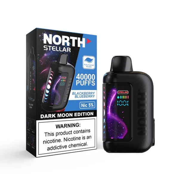 NORTH Stellar 40K disposable vape with blackberry and passion fruit flavor, showing the sleek black device with flavor graphics.