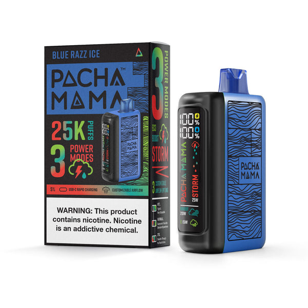 Blue Razz Ice Pacha Mama 25K disposable vape with sleek design and vibrant blue raspberry flavor packaging.