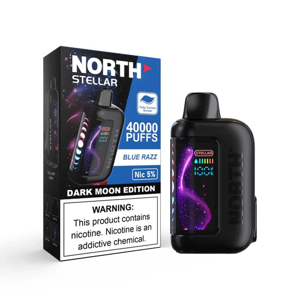 NORTH Stellar 40K disposable vape in Blue Razz Ice flavor, featuring sleek design and vibrant blue and white coloring.