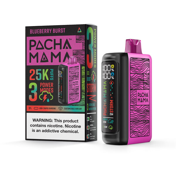 Pacha Mama Blueberry Burst disposable vape with blue and silver design, featuring a sleek, portable vape device for on-the-go vaping.