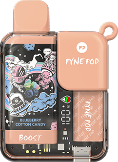 PYNE Pod Boost 8,500K disposable vape with blueberry cotton candy flavor, showing the flavored vape device in blue and white packaging