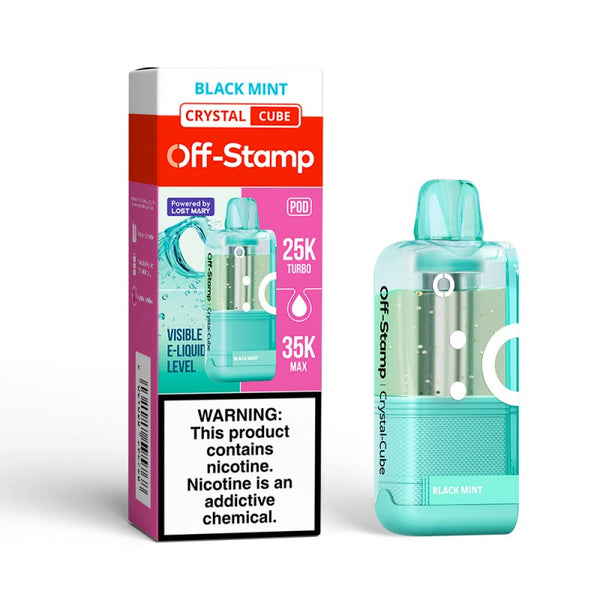 Black Mint Off-Stamp X-Cube Crystal 35K Disposable Pod next to its packaging.