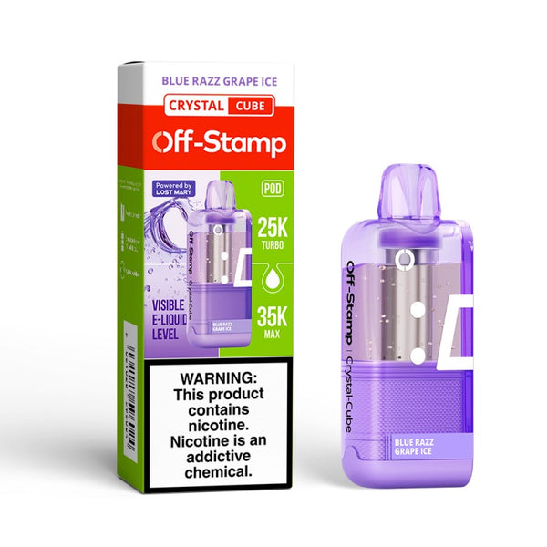 Blue Razz Grape ICE Off-Stamp X-Cube Crystal 35K Disposable Pod next to its packaging.