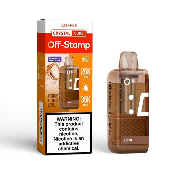 Coffee Off-Stamp X-Cube Crystal 35K Disposable Pod next to its packaging.