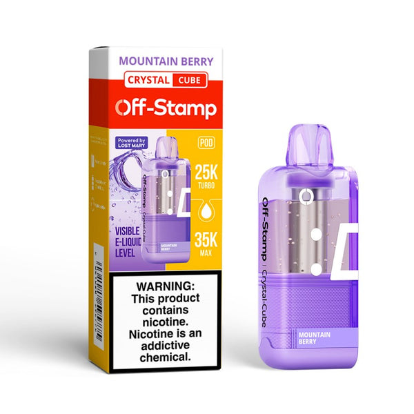 Mountain Berry Off-Stamp X-Cube Crystal 35K Disposable Pod next to its packaging.