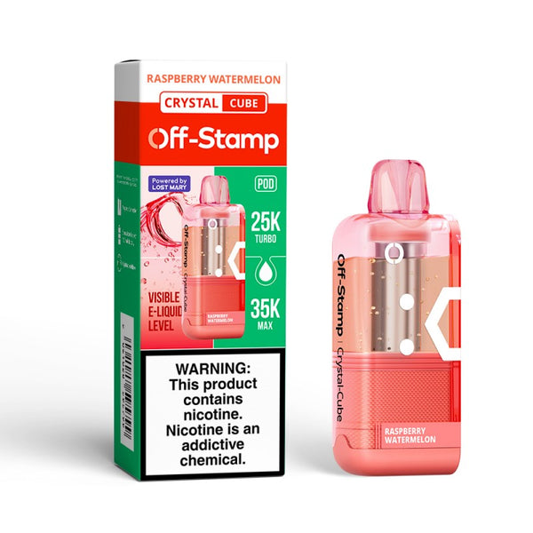 Raspberry Watermelon Off-Stamp X-Cube Crystal 35K Disposable Pod next to its packaging.
