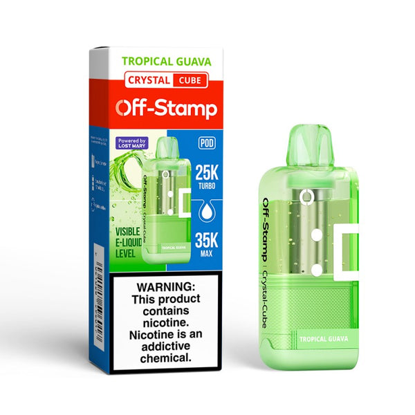 Tropical Guava Off-Stamp X-Cube Crystal 35K Disposable Pod next to its packaging.