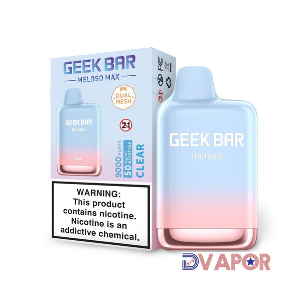 Geek Bar Meloso 9000K Puff disposable vape device with clear body showcasing internal components and sleek design.