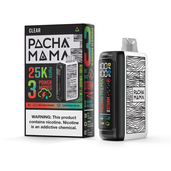 Pacha Mama 25K disposable vape device with sleek design and clear casing, showcasing the portable vaping product.