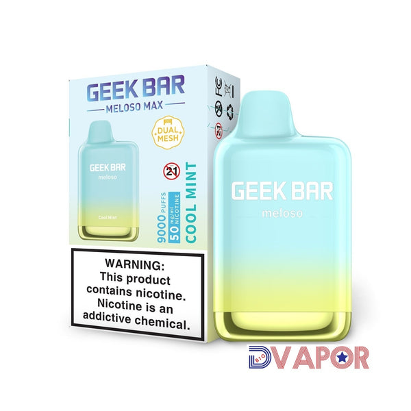 Geek Bar Meloso 9000K Puff disposable vape with Cool Mint flavor, featuring sleek design and cooling mint vapor.