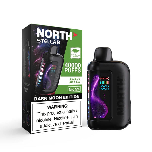 NORTH Stellar 40K disposable vape device with Crazy Melon flavor, featuring colorful packaging and sleek design.