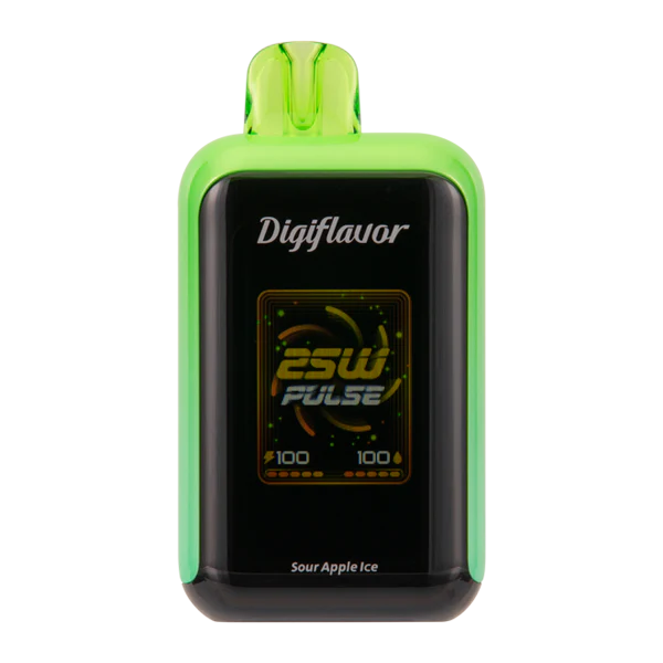 Digiflavor Sky disposable vape 25000 puffs in Sour Apple Ice flavor with dual mesh coils, smart display, USB-C charging, and adjustable airflow.