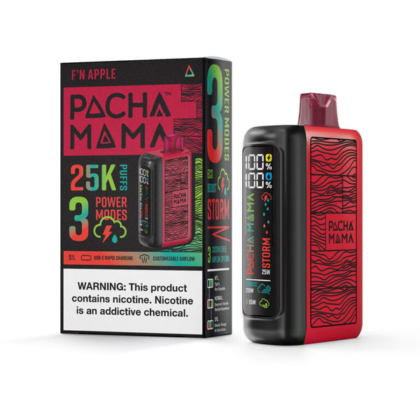 Pacha Mama 25K disposable vape with F_N Apple flavor showing the sleek design and flavor label.