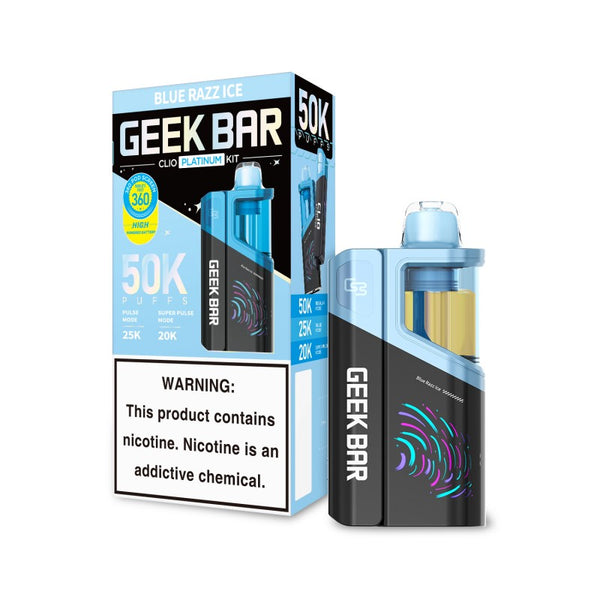 Geek Bar Clio 50K Disposable Vape Kit in Blue Razz Ice flavor with rechargeable device and matching flavor pod on a white background.