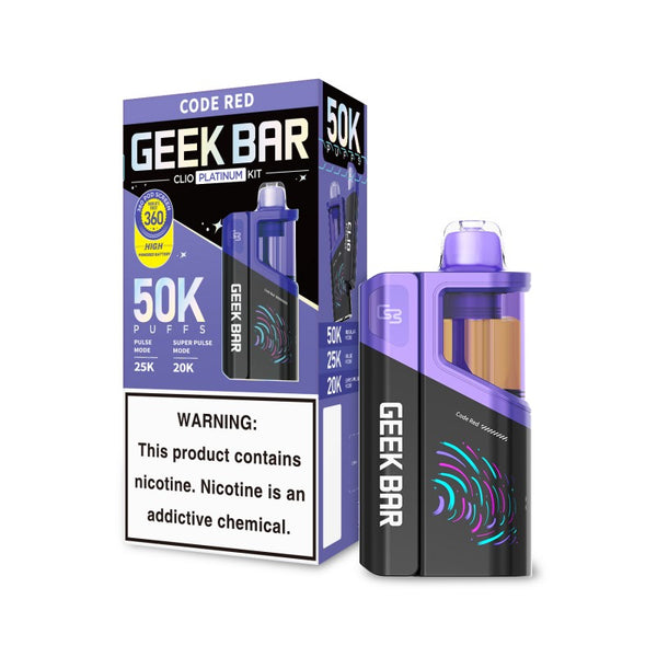 Geek Bar Clio 50K Disposable Vape Kit in Code Red flavor with rechargeable device and matching flavor pod on a white background.