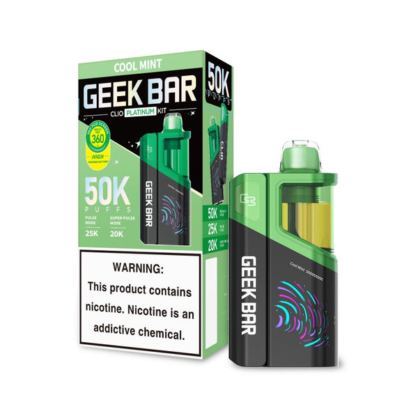 Geek Bar Clio 50K Disposable Vape Kit in Cool Mint flavor with rechargeable device and matching flavor pod on a white background.