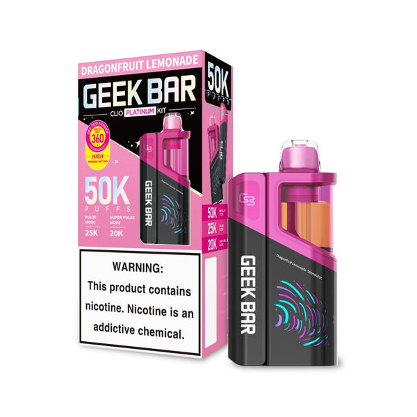 Geek Bar Clio 50K Disposable Vape Kit Dragonfruit Lemonade flavor with rechargeable vape device and matching prefilled pod on a white background.