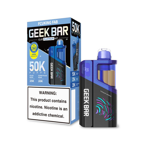 Geek Bar Clio 50K Disposable Vape Kit F*cking Fab flavor with rechargeable vape device and matching prefilled pod on a white background.