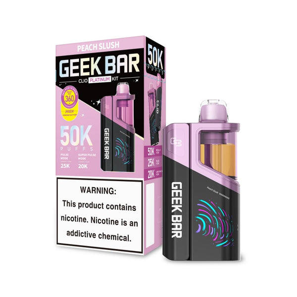 Geek Bar Clio 50K Disposable Vape Kit Peach Slush flavor with rechargeable vape device and matching prefilled pod on a white background.