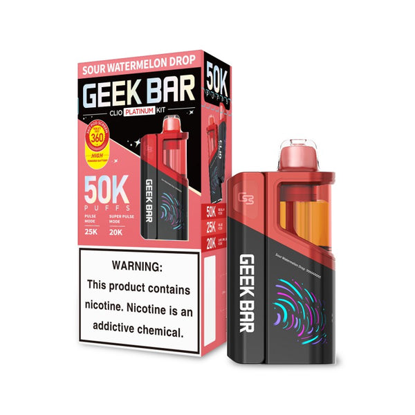 Geek Bar Clio 50K Disposable Vape Kit Sour Watermelon Drop flavor with rechargeable vape device and matching prefilled pod on a white background.