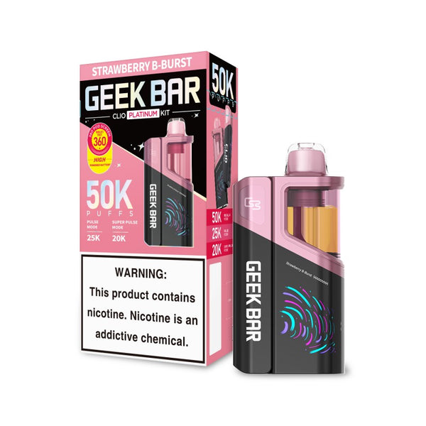 Geek Bar Clio 50K Disposable Vape Kit Strawberry B-Burst flavor with rechargeable vape device and matching prefilled pod on a white background.