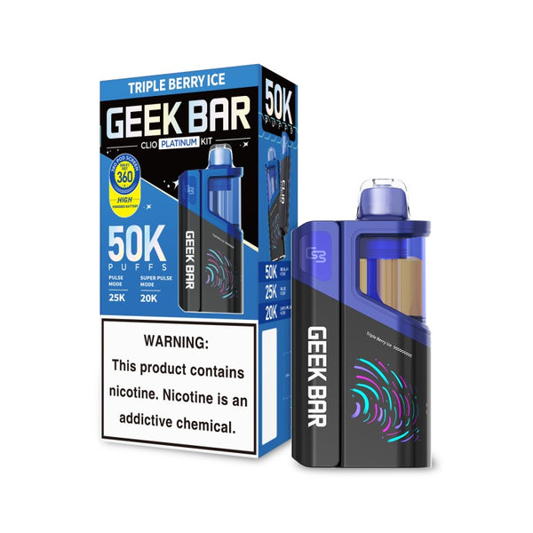 Geek Bar Clio 50K Disposable Vape Kit Triple Berry Ice flavor with rechargeable vape device and matching prefilled pod on a white background.
