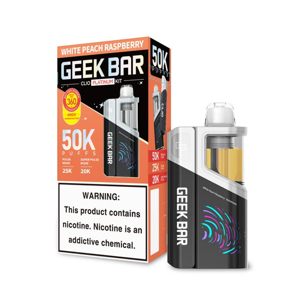 Geek Bar Clio 50K Disposable Vape Kit White Peach Raspberry flavor with rechargeable vape device and matching prefilled pod on a white background.
