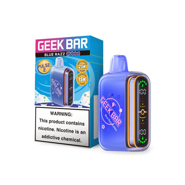 Geek Bar Pulse 2 Disposable Vape in Blue Razz Hubba flavor with sleek design and bold packaging on a white background.