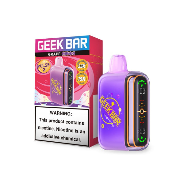 Geek Bar Pulse 2 Disposable Vape in Grape Hubba flavor with sleek design and bold packaging on a white background.