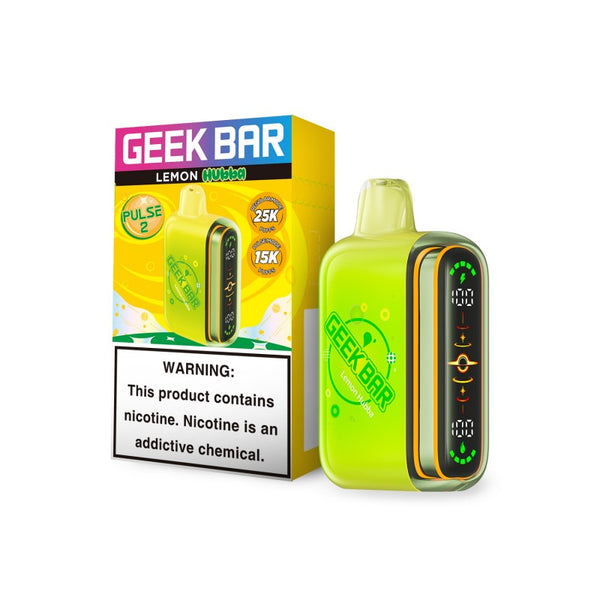Geek Bar Pulse 2 Disposable Vape in Lemon Hubba flavor with sleek design and bold packaging on a white background.