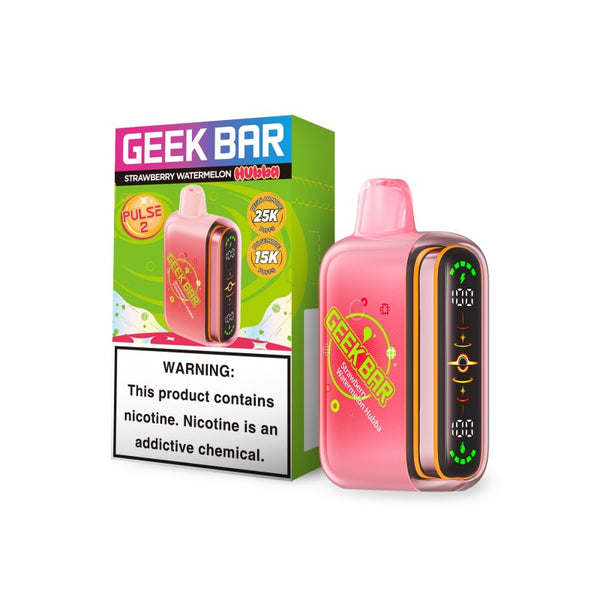 Geek Bar Pulse 2 Disposable Vape in Strawberry Watermelon Hubba flavor with sleek design and bold packaging on a white background.
