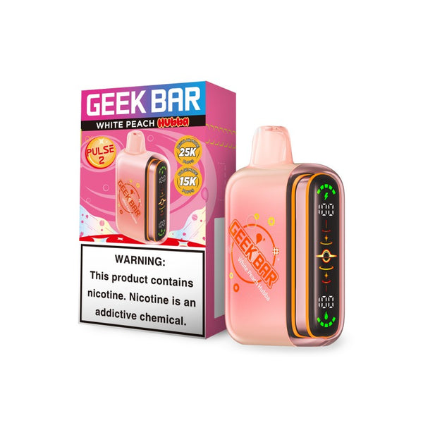 Geek Bar Pulse 2 Disposable Vape in White Peach Hubba flavor with sleek design and bold packaging on a white background.