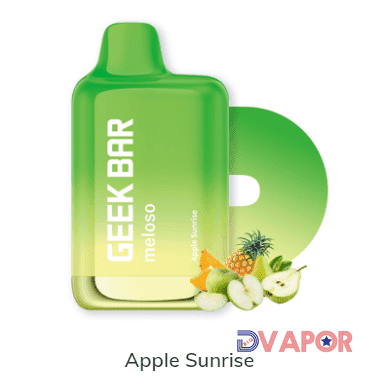 Geek Bar Meloso 9000K Puff disposable vape with apple sunrise flavor, featuring sleek design and colorful branding.